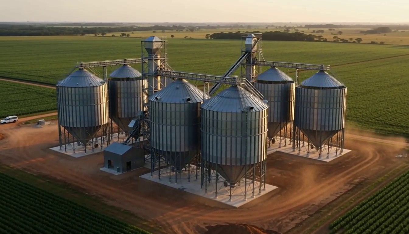 Ilustração de silos metálicos em montagem, vista aérea